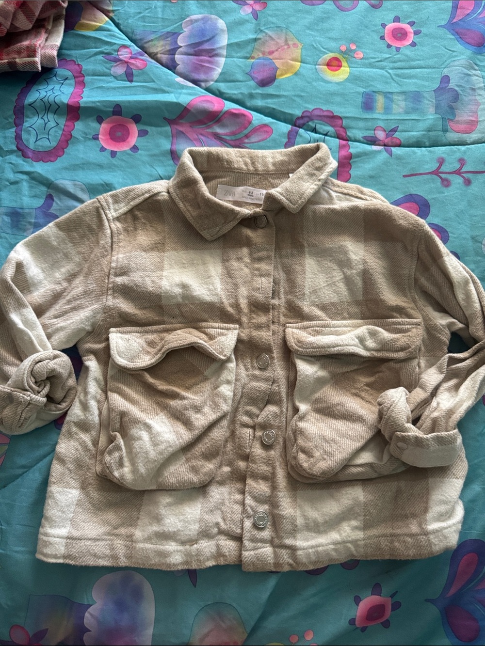 Zara Beige Cream Plaid Kids' Button-Front Jean Jacket